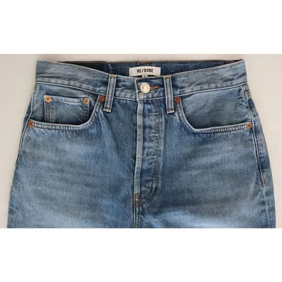 Re/Done Women's Sz 26 Blue Stove Pipe Crop Button Fly Raw Hem Denim Jeans $265 - Picture 3 of 10